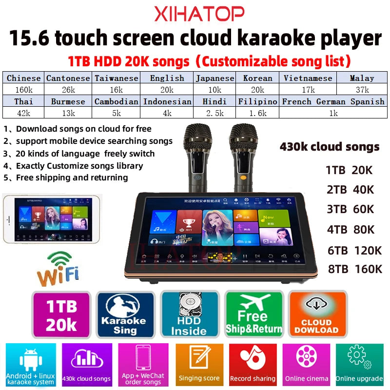 15.6“ KTV karaoke system machine, karaoke for home,Wireless karaoke microphone,jukebox portable touch screen