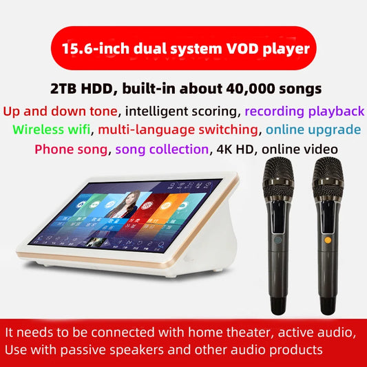 15.6-inch karaoke player with amplifier, Sound mixer, Mixing console，wireless microphone, jukebox portable touch screen